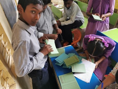 Volunteers arranging books